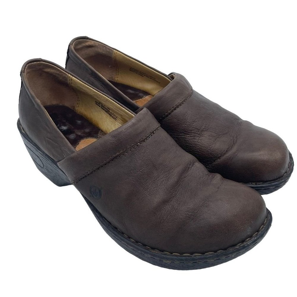 Born Womens Clogs Shoes Brown Leather Slip On Low Heel Casual Professional 8.5M